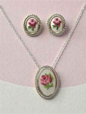 Hand Embroidered Cross Stitch Rose Clip On Earrings & Necklace (Or Brooch)